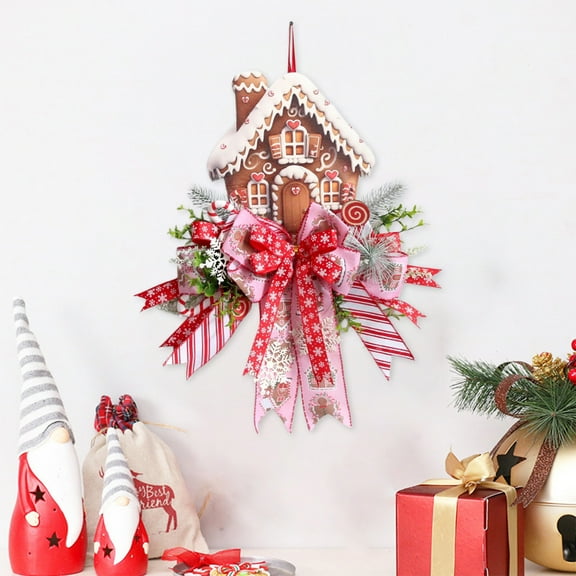 PONPRNGY Merry Christmas Gingerbread House Front Door Sign, Xmas Holiday Wood Door Hanger Porch Decor, Winter Farmhouse Rustic Wooden Wreath with Bow Indoor Wall Hanging Decoration