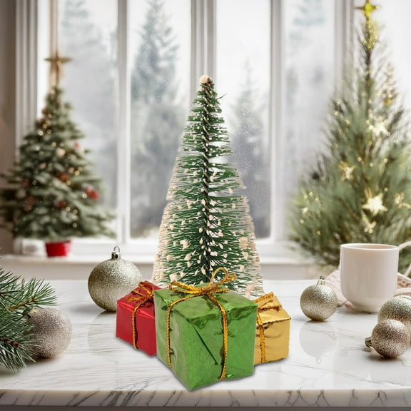PONPRNGY Mini Christmas Trees Set, Artificial Miniature Tabletop Christmas Tree with 3 Small Decorated Gift Boxes for DIY Craft Home Table Decor
