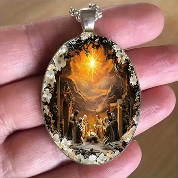 PONPRNGY Nativity Scene Necklace for Women Religious Cameo Pendant Necklace Chunky Jesus Memorial Necklace Adjustable Nativity Crystal Necklace Fashion Elegant Gift Jewelry