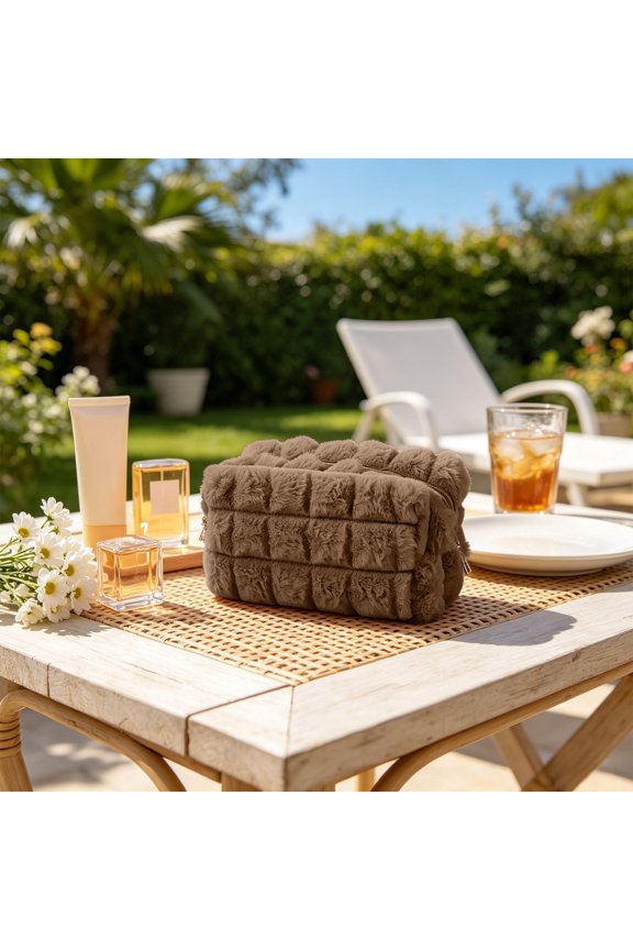 Plush Makeup Bag, Cute Cosmetic Bag, Solid Color Travel Toiletry Bag, Small Skin Care Pouch, Makeup Zipper Bag
