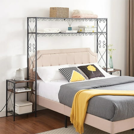 PONPRNGY Queen Size Metal Storage Headboard with Charging Stations 2 Nightstands and Storage Shelves for Bedroom