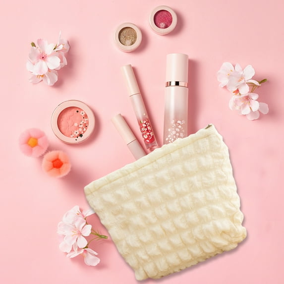 PONPRNGY Quilted Makeup Bag with Handle Detachable Cute Puffy Cosmetic Bag for Women, Small Toiletry Zipper Make Up Pouch, Checkered Quilt Clutch Bag Travel Storage Pouches Case