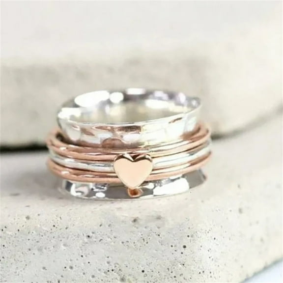 PONPRNGY Self Love Spinner Heart Ring Two Color Rotating Heart Ring Anxiety Relief Band Ring Jewelry for Women Men Lovers Couples