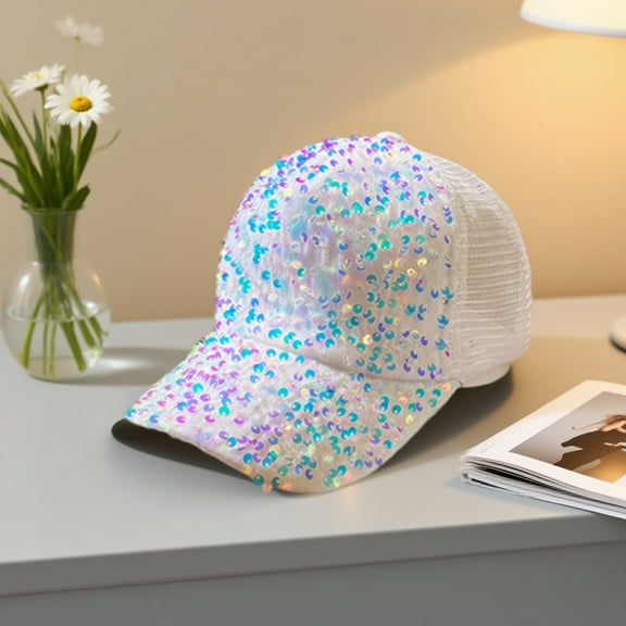 PONPRNGY Sequin Ponytail Baseball Cap for Women Girls Velcro Ponycap Adjustable Mesh Trucker Hat