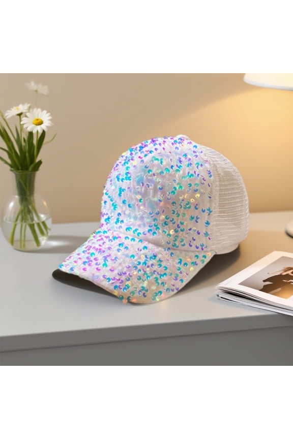 Sequin Ponytail Baseball Cap for Women Girls Velcro Ponycap Adjustable Mesh Trucker Hat