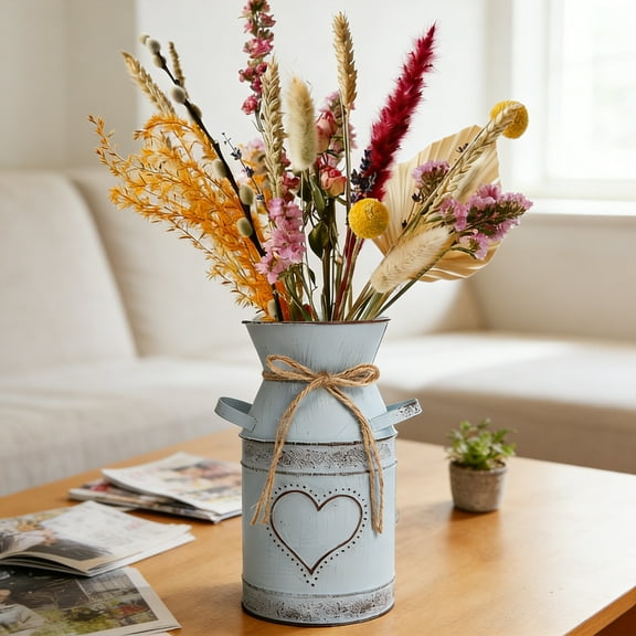 PONPRNGY Shabby Chic Milk Can with Heart-Shaped and Rope Design French Farmhouse Wedding Decor Vase Metal Flowers Pitcher Vases Rustic Bucket Primitive Jug for Decorative Holder