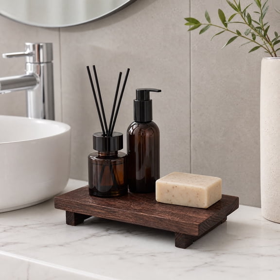 PONPRNGY Small Wood Bathroom Tray Pedestal Stand Farmhouse Kitchen Decor Decorative Wooden Riser Soap Dish Sponge Holder for Vanity, Counter, Sink