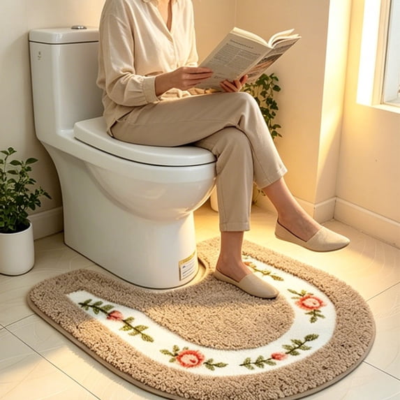 PONPRNGY Soft Floral Non-Slip Toilet Contour Rug, Contour Bath Rug, Soft Shaggy U-Shaped Toilet Floor Mat for Bathroom, Khaki