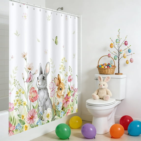PONPRNGY Spring Easter Bunny Shower Curtain, Cute Floral Butterfly Bathroom Curtain 47 x 70 Inch Polyester Fabric Waterproof Bath Curtain with 12 Hooks