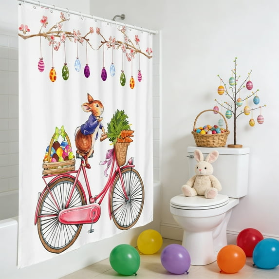 PONPRNGY Spring Easter Bunny Shower Curtain, Cute Floral Butterfly Bathroom Curtain 47 x 70 Inch Polyester Fabric Waterproof Bath Curtain with 12 Hooks