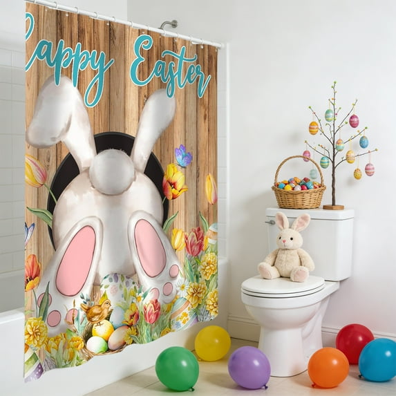 PONPRNGY Spring Easter Bunny Shower Curtain, Cute Floral Butterfly Bathroom Curtain 47 x 70 Inch Polyester Fabric Waterproof Bath Curtain with 12 Hooks