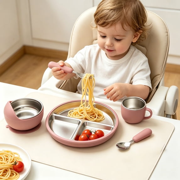 PONPRNGY Stainless Steel Feeding Set, Suction Plate Bowl Cup with Spoon fork, Divided Plate, BPA‑Free, Durable, Easy to Clean