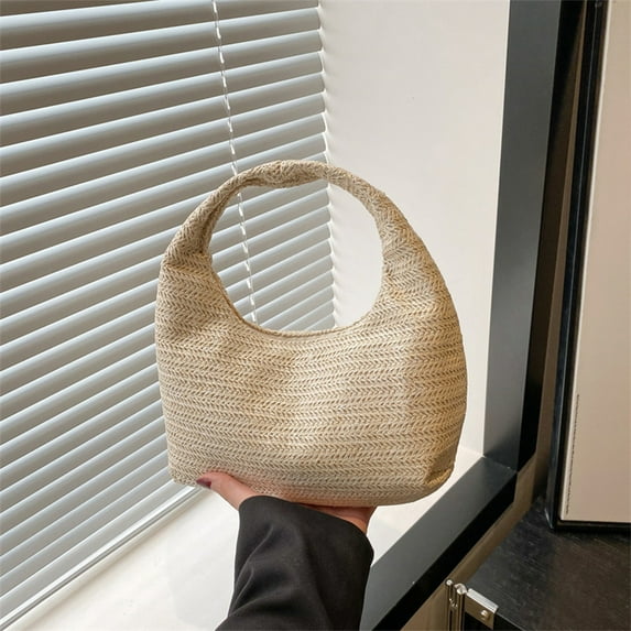 PONPRNGY Straw Bag for Women Crescent Shoulder Handbag Straw Summer Beach Tote Handbag Raffia Woven Hobo Bag
