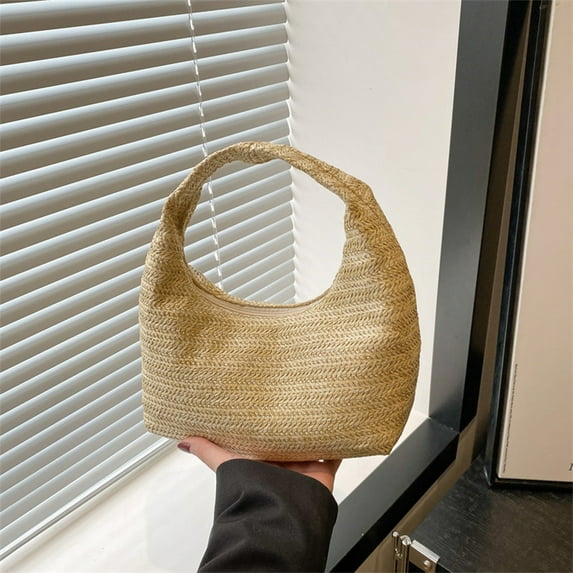 PONPRNGY Straw Bag for Women Crescent Shoulder Handbag Straw Summer Beach Tote Handbag Raffia Woven Hobo Bag