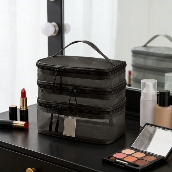 PONPRNGY Three Layer Makeup Bag, Large Mesh Travel Cosmetic Pouch with Double Zipper, Vertical Make up Bag, Multifunctional Toiletry Bag for Makeup Brushes