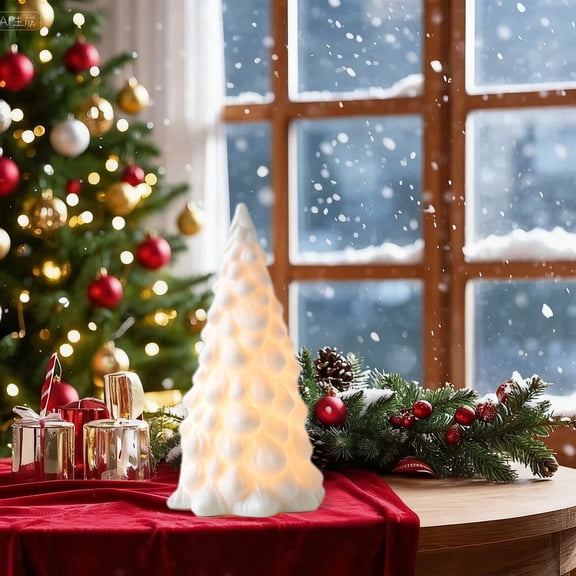 PONPRNGY White Ceramic Christmas Trees, 1Pc Light Up Porcelain Christmas Tree, Matte White Small Xmas Tree with Lights, Tabletop Tree Figurines for Modern Home Decoration