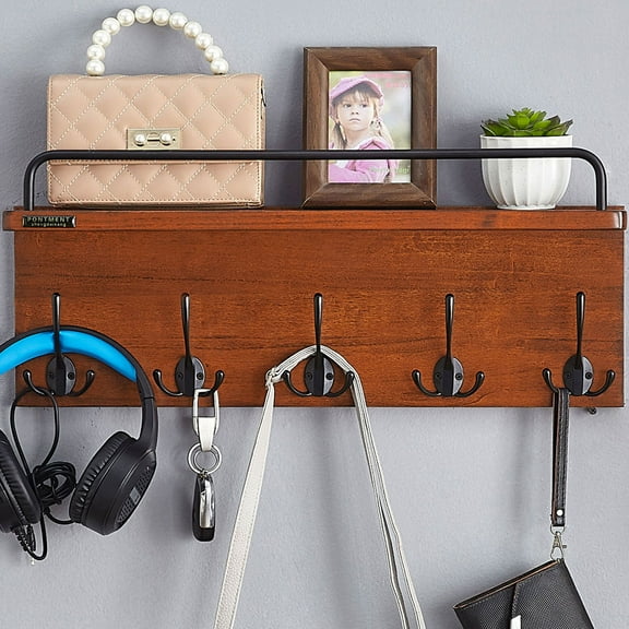 PONTMENT Wall Coat Rack Wooden Shelf with Hooks Entryway Wall Organizer Mount Coat Hook, poplar solid wood,23 1/2" x 4 3/4" x 10 3/8"H ,