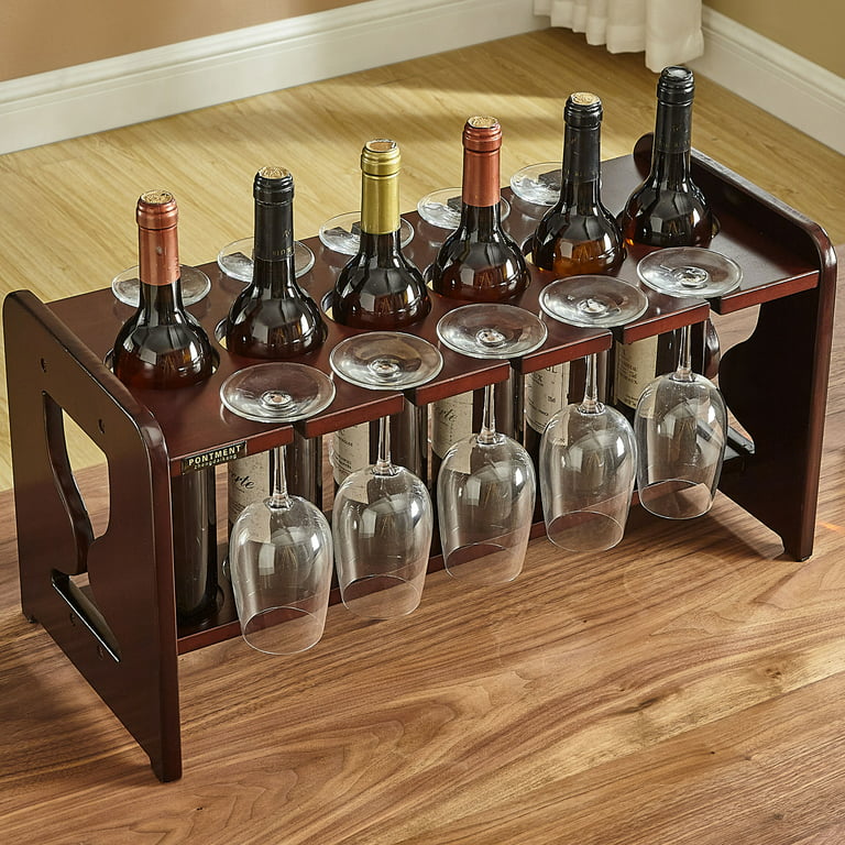 PONTMENT Wine Bottle with Wine Glass Holder Solid Wood Tabletop Wine Rack  Countertop Wine Bar Rack for Kitchen Pantry Cellar Bar Home. 