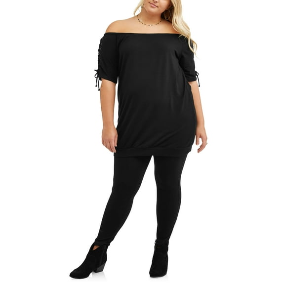 POOF Juniors' Plus Size Lace-Up Off-Shoulder Sweatshirt Dress