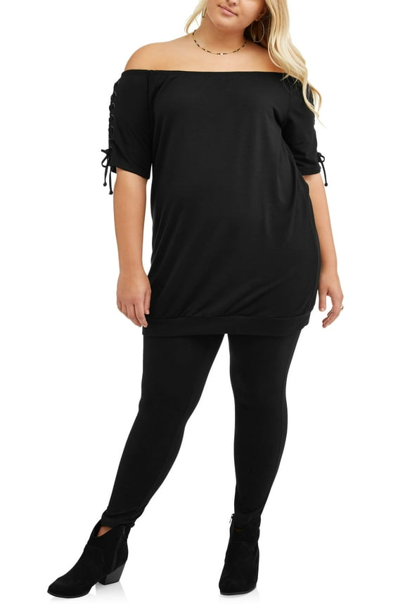 POOF Juniors' Plus Size Lace-Up Off-Shoulder Sweatshirt Dress