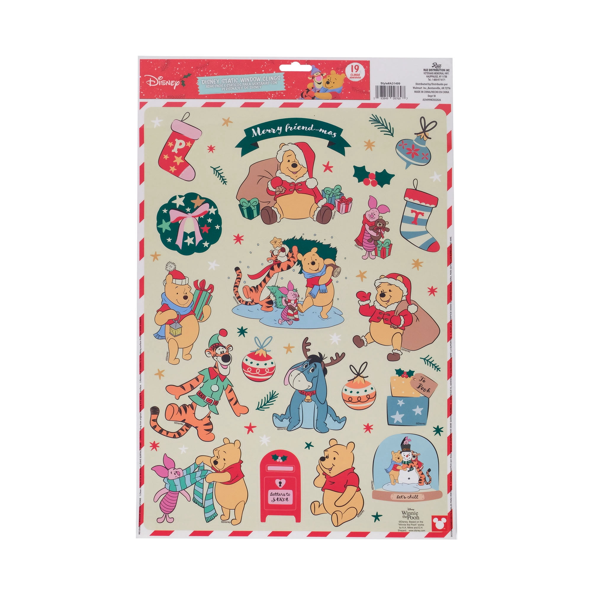 Disney Winnie the Pooh Christmas Window Clings, 19‑Piece Holiday Window Decorations – Pooh, Piglet, Tigger & Eeyore