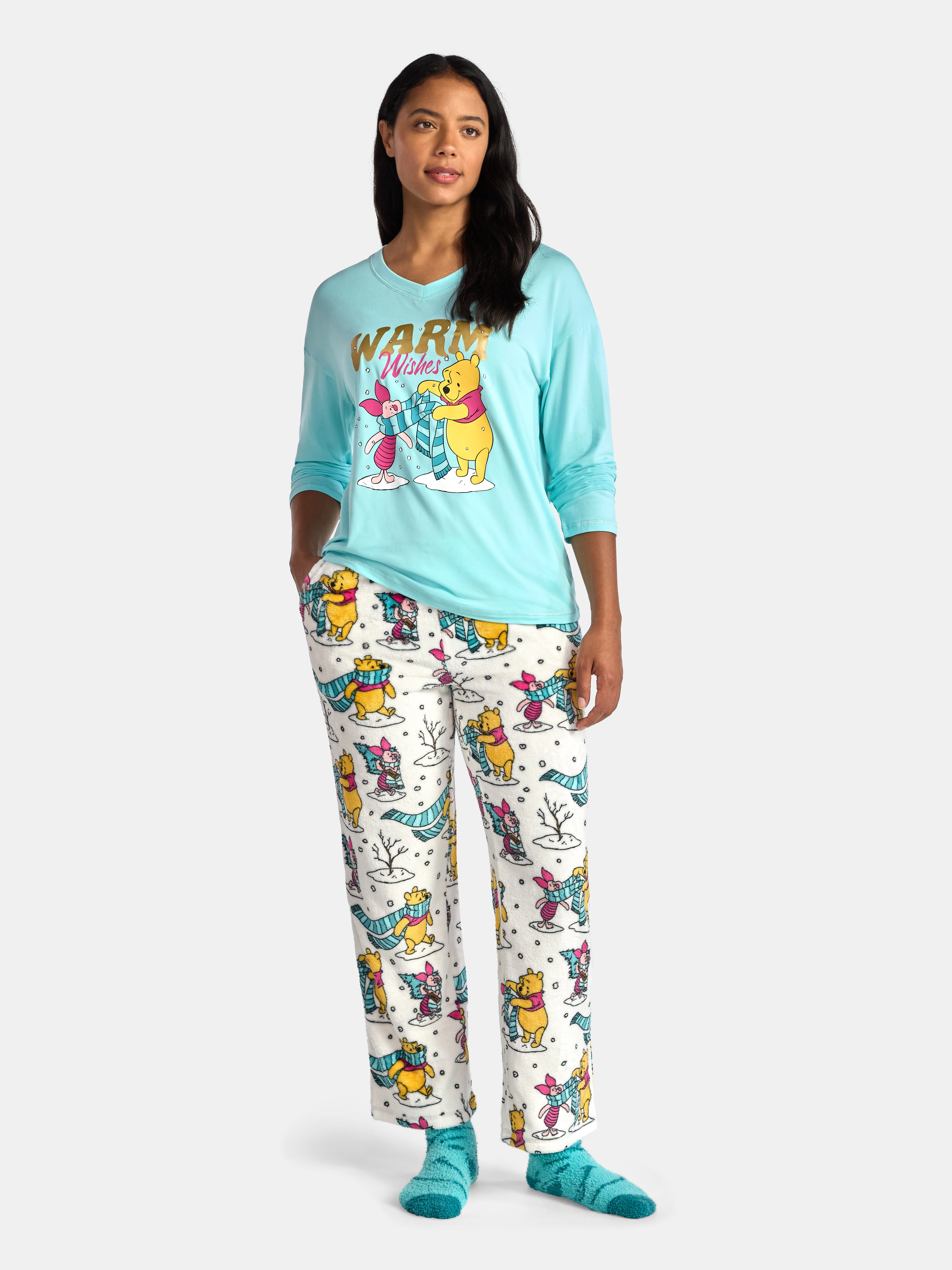 Winnie the Pooh Women's and Women’s Plus Top, Pants and Socks Holiday Sleep Gift Set, 3-Piece, Sizes XS-3X