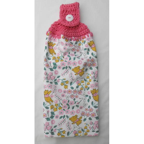 POOH IN THE PINK FLOWER GARDEN - DOUBLE/FULL HANDMADE CROCHET TOP HANGING KITCHEN TOWEL