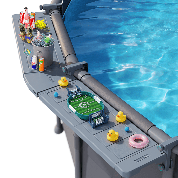 POOLHACKER Poolside Bar for Above Ground Round Pools, Extended Length Swim Up Bar Table with Smart Fold, Weather Resistant Stable Tabletop, Easy Maintenance