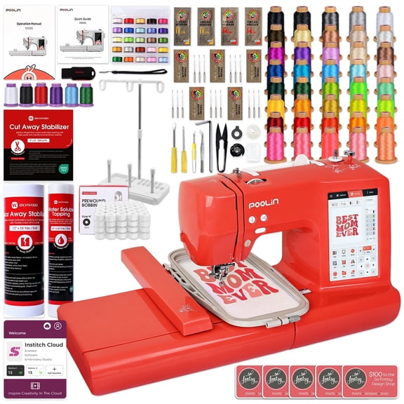 POOLIN EOC05 4in x 9.2in Embroidery Machine with Deluxe Accessory Bundle - Red