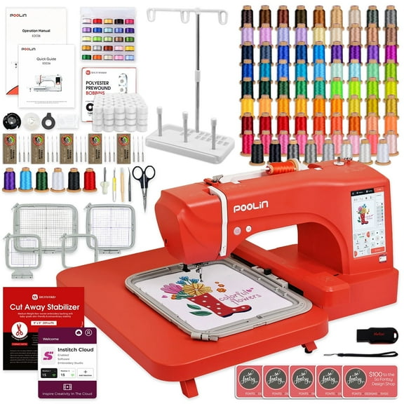 POOLIN EOC06 7.9in x 11in Embroidery Machine & Embroidery Thread Bundle - Red