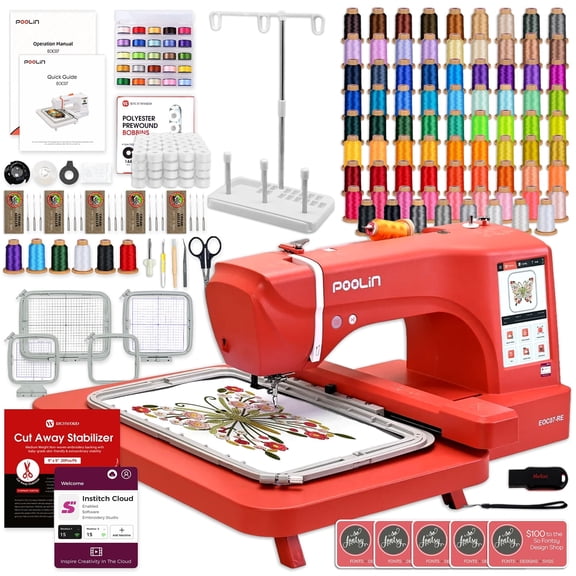 POOLIN EOC07 7.9in x 15in Embroidery Machine with 86 Embroidery Spools - Red