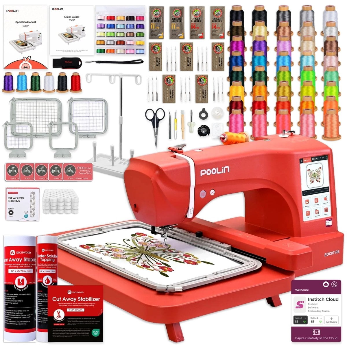 POOLIN EOC07 7.9in x 15in Embroidery Machine with Deluxe Accessory Bundle - Red