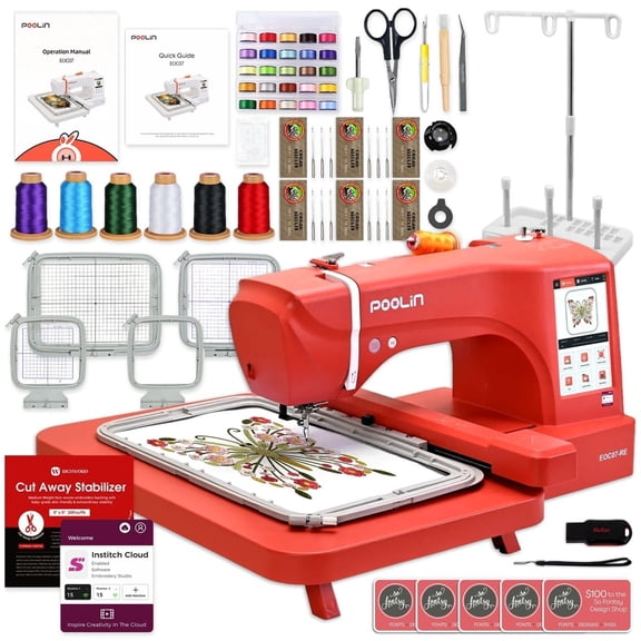 POOLIN EOC07 7.9in x 15in Hoop Area Computerized Embroidery Machine - Red