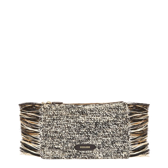 POOLSIDE Tropical Fringe Raffia Clutch, Black