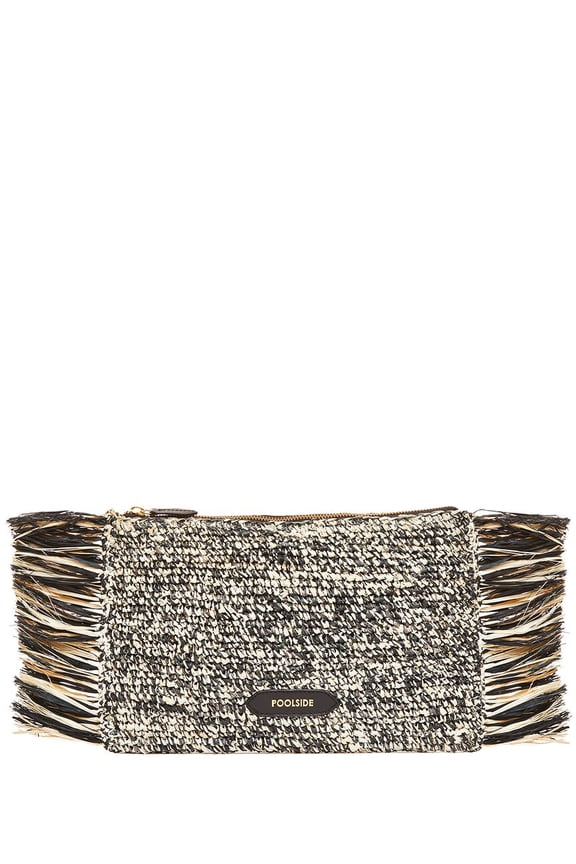 Tropical Fringe Raffia Clutch, Black