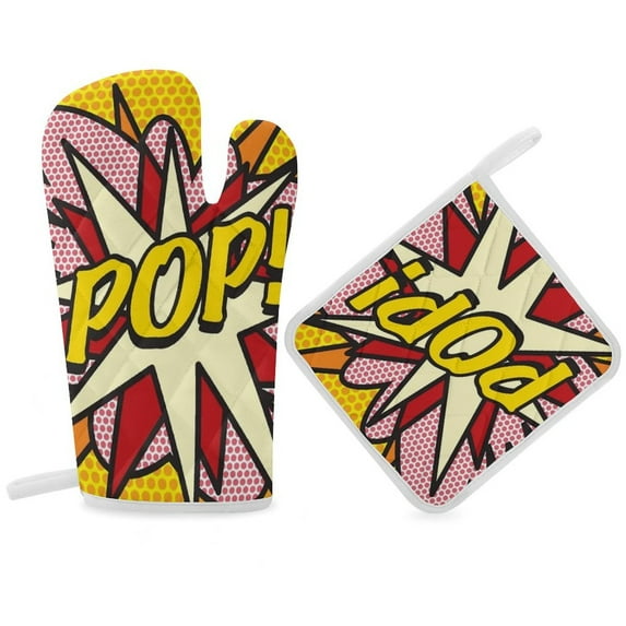 POP Comic Book Pop Art Cool Retro Trendy Oven Gloves And Pots Stand Set Oven Gloves And Pot Racks Pot Racks And Oven Gloves Set