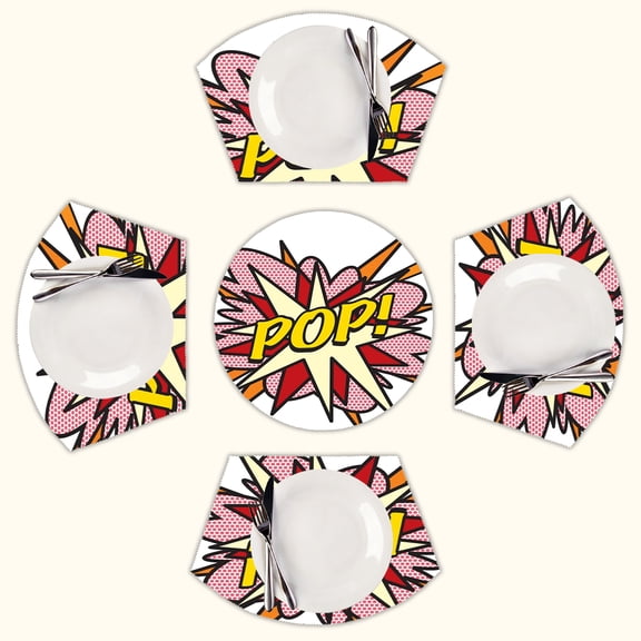 POP Comic Book Pop Art Flash Cool Graphic Round Table Placemats Set Of 5 Wedge Table Mats Washable Heat Resistant Place Mat For Dining Table Kitchen Farmhouse Restaurant