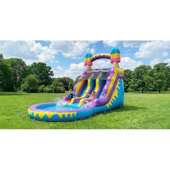 POP JUMP Ice Pop Dual Lane Water Slide with Pool - 24ft Long, 16ft Tall; 100% PVC Vinyl, Commercial Strength Reinforced Construction - Party Size Backyard Slide for Kids & Adults, Wet or Dry Fun