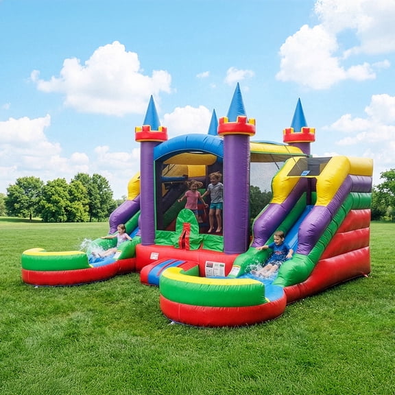 POP JUMP Rainbow Castle Bounce House and Double Slide Combo