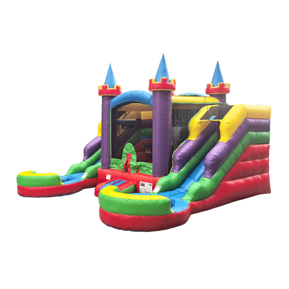 POP JUMP Rainbow Castle Bounce House and Double Slide Combo