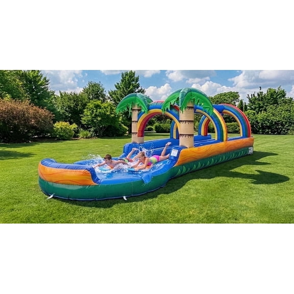 POP JUMP 27ft Long Tropical Inflatable Dual Lane Slip N Slide, with Splash Pool and Blower