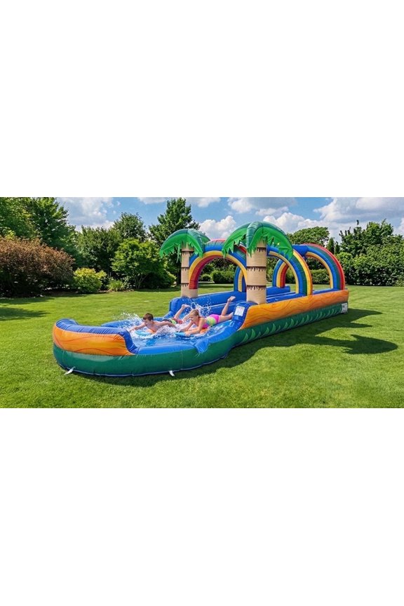 27ft Long Tropical Inflatable Dual Lane Slip N Slide, with Splash Pool and Blower