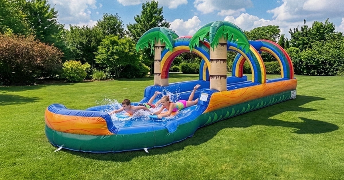 POP JUMP 27ft Long Tropical Inflatable Dual Lane Slip N Slide, with Splash Pool and Blower
