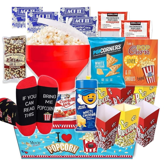 POPCORN LOVER Movie Night Gift Basket Snack Variety Box with Hot Air Popcorn Maker, Gourmet Seasonings & Funny Socks Ultimate Family or Birthday Gift Set