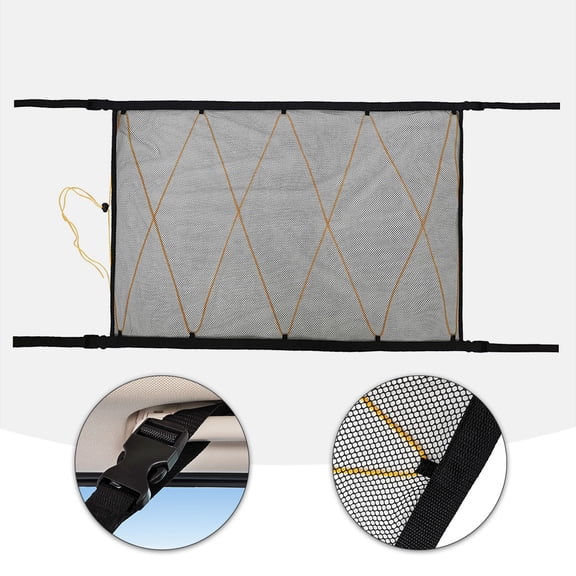 POPETPOP 1Pc Black Car Roof Mesh Storage Bag with Drawstring and Multi Pocket Design