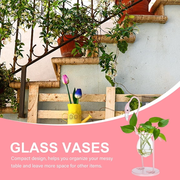 POPETPOP 1Pc Decorative Pink Glass Vase with Iron Support for Hydroponic Plant Display
