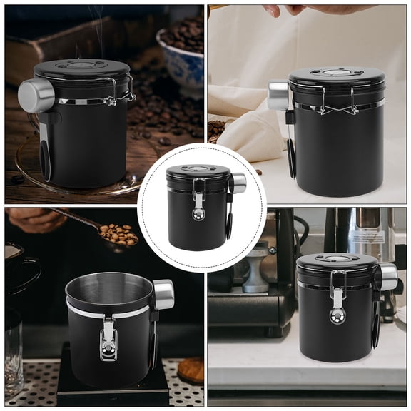 POPETPOP Stainless Steel Coffee Bean Storage Jar with Airtight Seal, Black, and Stylish Container for Freshness