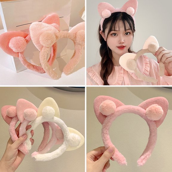POPETPOP 2Pcs Pink Elastic Cat Ears Headband Soft Fluffy Edge for Face Washing and Mask Application