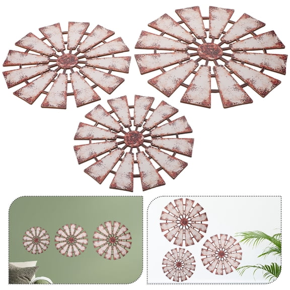 POPETPOP 3Pcs Light Brown Farmhouse Windmill Wall Hanging Sculpture for Entryway and Bedroom