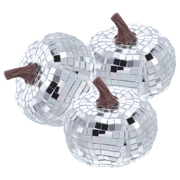 POPETPOP Mirror Finish Plated Silver Glass Pumpkin Disco Ball for Festive Party Decor 3Pcs